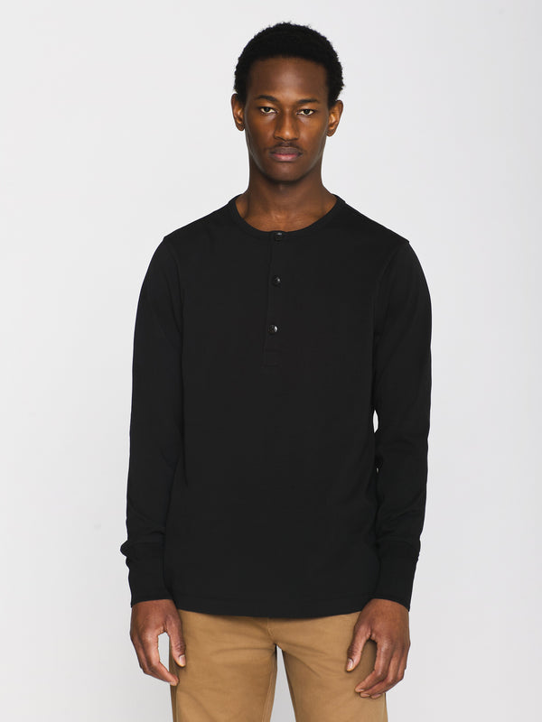 KnowledgeCotton Apparel - MEN BO long sleeve henley - Regenerative Organic Certified™ - GOTS/Vegan Henleys 1300 Black Jet