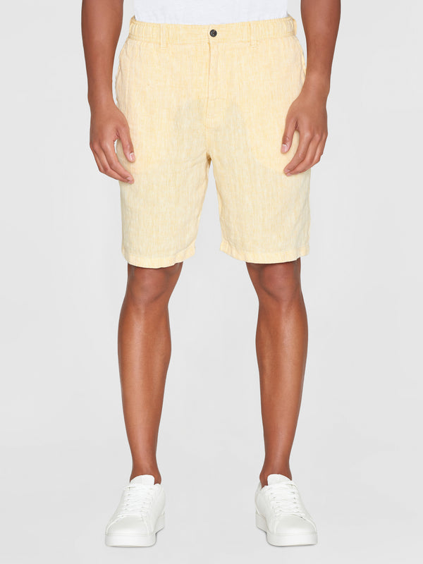 KnowledgeCotton Apparel - MEN FIG loose herringbone linen elastic waist shorts - GOTS/Vegan Shorts 1429 Misted Yellow