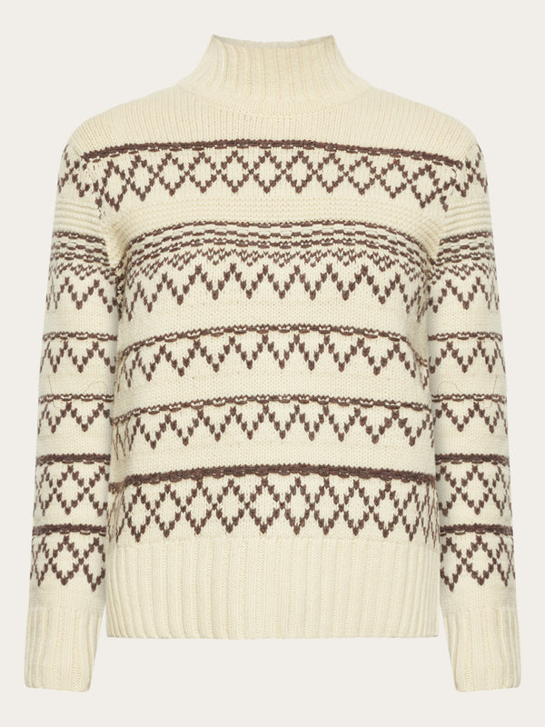 KnowledgeCotton Apparel - WMN Lambswool pattern high neck - RWS Knits 8033 Creme Stripe