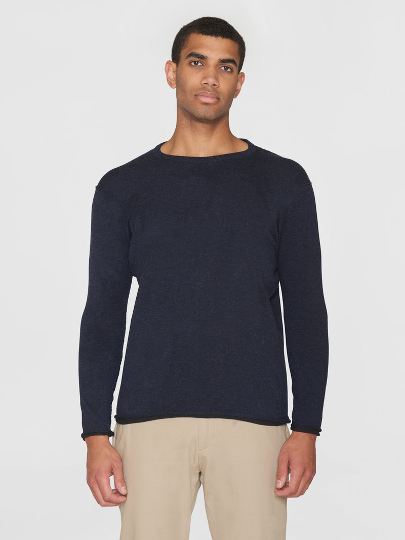 KnowledgeCotton Apparel - MEN Regular double layer cotton mix rolledge crew neck knit - GOTS/Vegan Knits 1412 Night Sky
