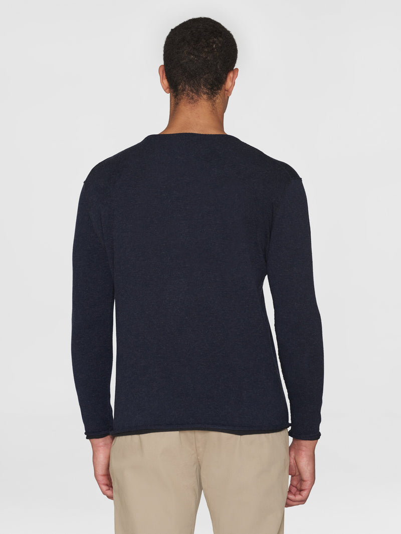 KnowledgeCotton Apparel - MEN Regular double layer cotton mix rolledge crew neck knit - GOTS/Vegan Knits 1412 Night Sky