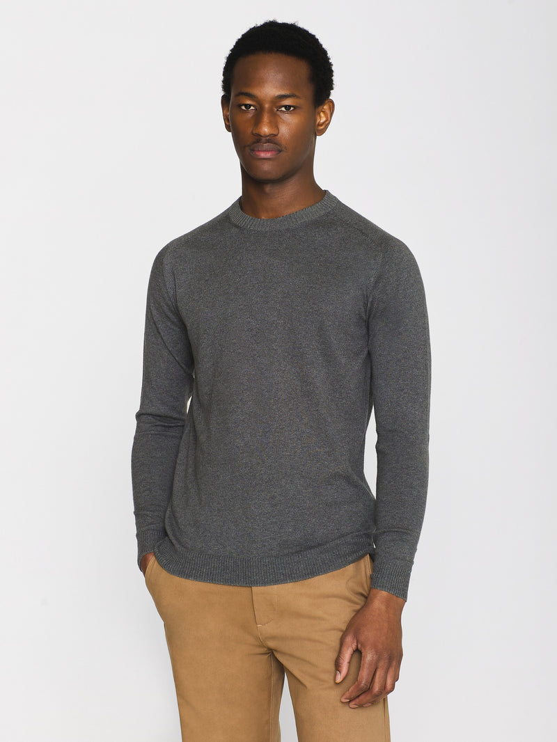 KnowledgeCotton Apparel - MEN Regular merino knit crew neck - RWS Knits 1073 Dark Grey Melange