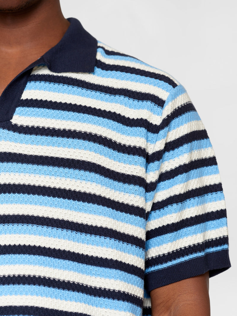 KnowledgeCotton Apparel - MEN Organic Cotton Striped Knitted Polo GOTS/Vegan Polos 8021 Blue stripe