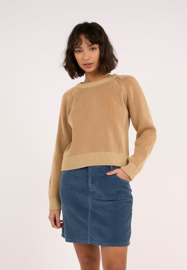 KnowledgeCotton Apparel - WMN Two tone rib crew neck Knits 1347 Safari